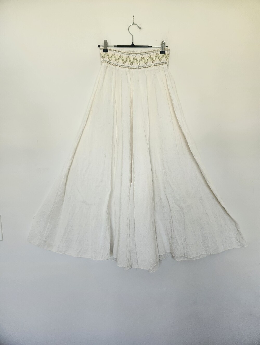 Ivory Boho Wide Leg Palazzo Pants Metallic Embroidered Smocked Waist - Picture 2 of 12